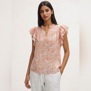 LiveFashionWay Floral Ruffle Sleeve Split NeckTop - Peach Sz Lg